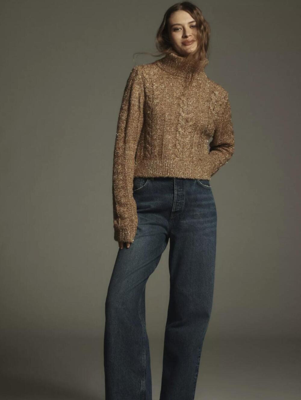 Pilcro Brown Shine Cable-Knit Turtleneck Sweater - Size - Small - NWT
